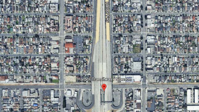 A Google Earth screenshot showing the Harbor Transitway bus station at Slauson, directly in the middle of the 110 freeway