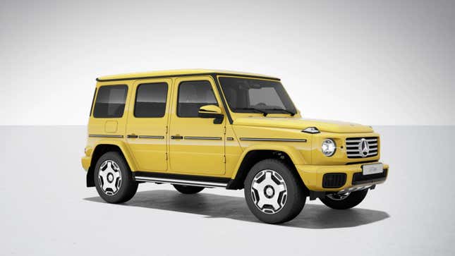 Front 3/4 view of a yellow Mercedes-Benz G-Class