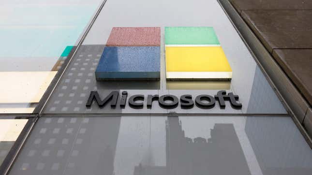 The Microsoft logo is seen at an Experience Center on Fifth Avenue 