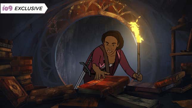 A young animated woman explores a pile of books, reaching out to a mysterious tome with one hand while her other holds a flaming torch.