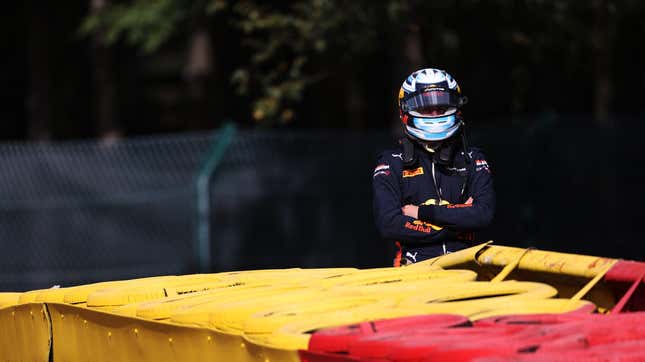 Juri Vips after his car stopped on track during Formula 2 qualifying at Spa.