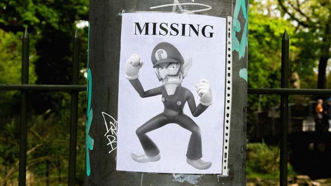 An image shows a missing poster featuring a black and white Waluigi image. 