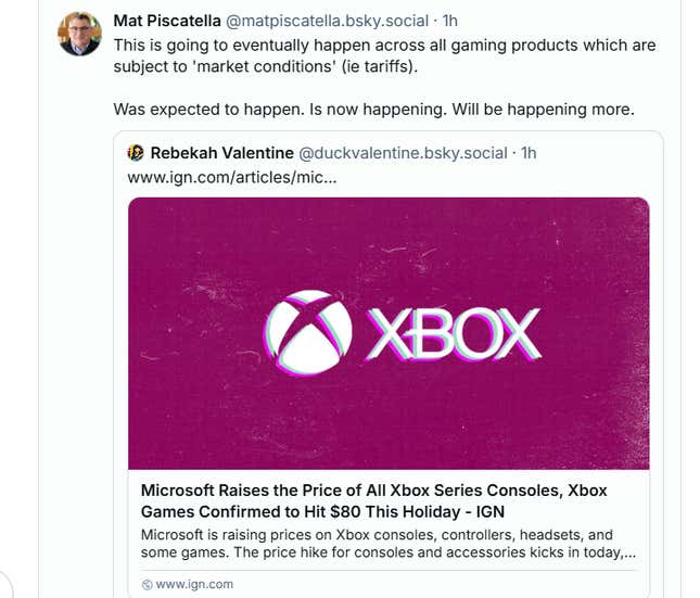 A post talks about game prices going up because of tariffs.