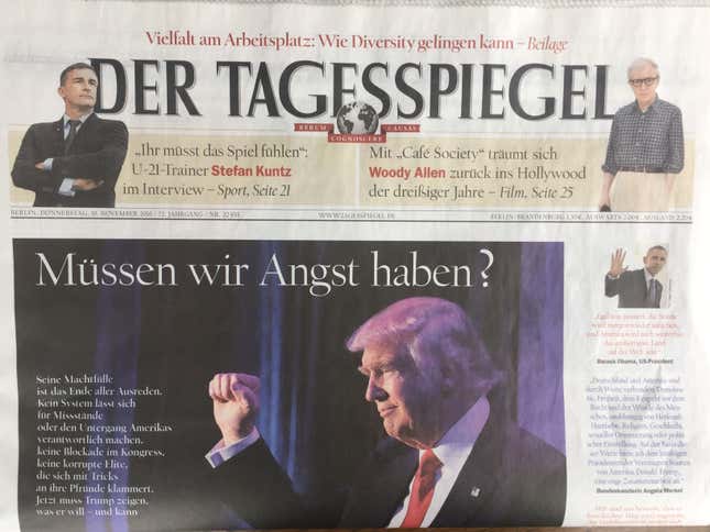 The front page of German newspaper, Der Tagesspiegel, Nov. 10 2016.