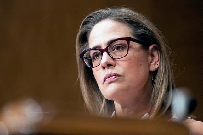 Sen. Kyrsten Sinema, D-Ariz., speaks during a Senate Homeland Security and Governmental Affairs committee hearing to examine social media’s impact on homeland security, Sept. 14, 2022, on Capitol Hill in Washington. Sinema announced Friday, Dec. 9, that she now has registered as an independent, but she does not plan to caucus with Republicans, ensuring Democrats will retain their narrow voting majority in the Senate.