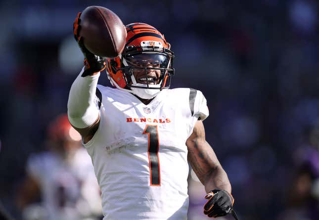 Ja’Marr Chase of the Cincinnati Bengals celebrates a touchdown during the second half in the game against the Baltimore Ravens at M&amp;T Bank Stadium on October 24, 2021 in Baltimore, Maryland. 