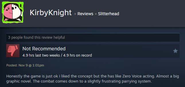 A screenshot shows a Steam user review for Slitterhead.