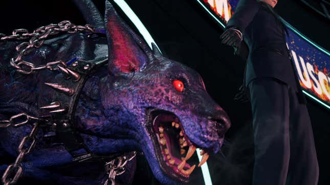 A dog-like creature with red eyes opens its mouth and reveals sharp fangs.