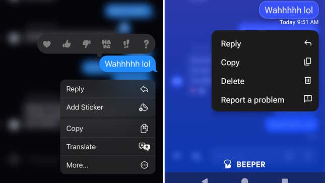 iOS messages are on the left, and Beeper Mini on Android is on the right. 