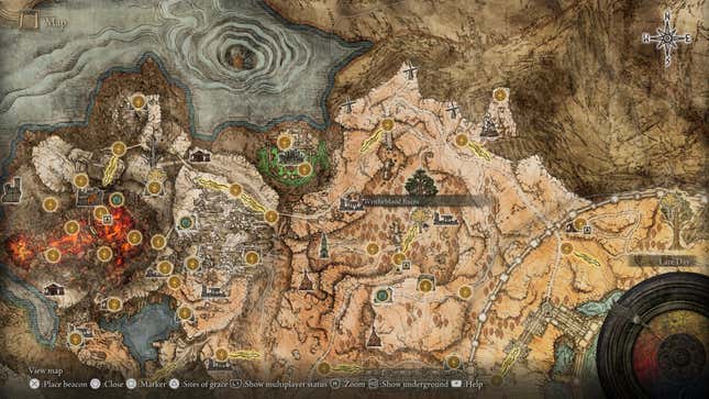 An Elden Ring map screen shows the location of Writheblood Ruins.