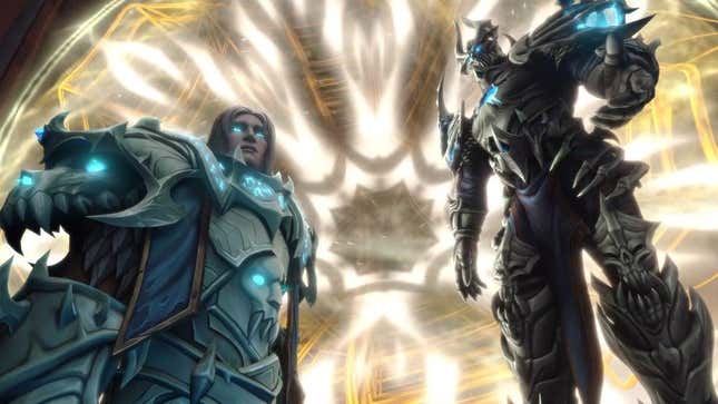 Two WoW characters standing in front of a portal from the game's most recent cinematic.