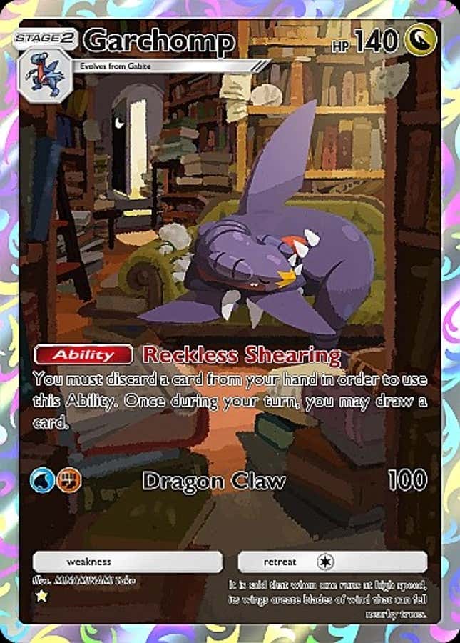 A Garchomp is shown curled up on a couch in a library.