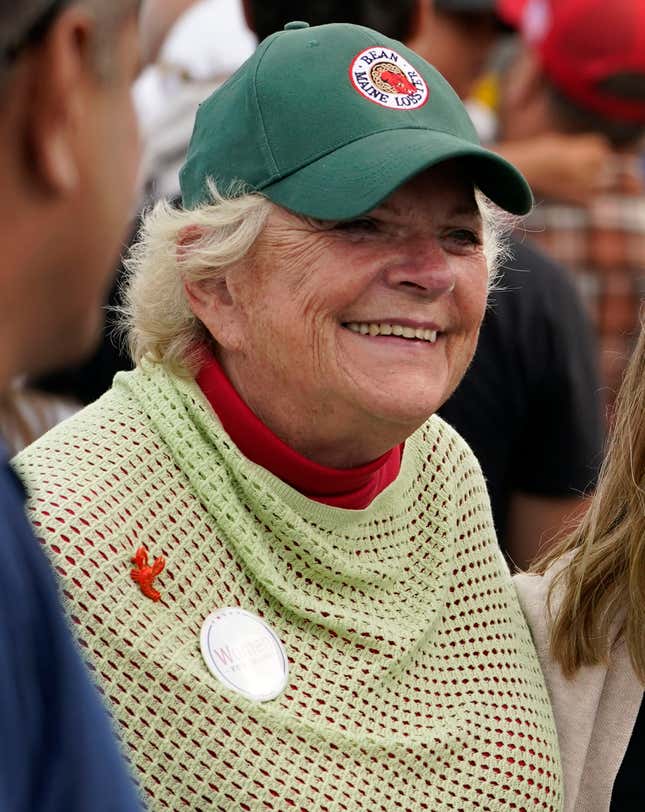 FILE - Linda Bean poses for a photo with a friend at a campaign rally held by Eric Trump for his father, Donald Trump, Sept. 17, 2020, in Saco, Maine. Bean, a granddaughter of famed outdoors retailer L.L. Bean, who became an entrepreneur, philanthropist and conservative activist, has died at age 82. Bean died Saturday, March 23, 2024, her business manager, Veronika Carlson, confirmed in a written statement Sunday, March 24. No cause was given. (AP Photo/Robert F. Bukaty, File)