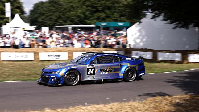 The NASCAR Garage 56 car takes part in the 1.16 mile hill climb during Goodwood Festival of Speed at Goodwood on July 13, 2023 in Chichester, England.