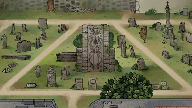 A graveyard with one big tomb in the center