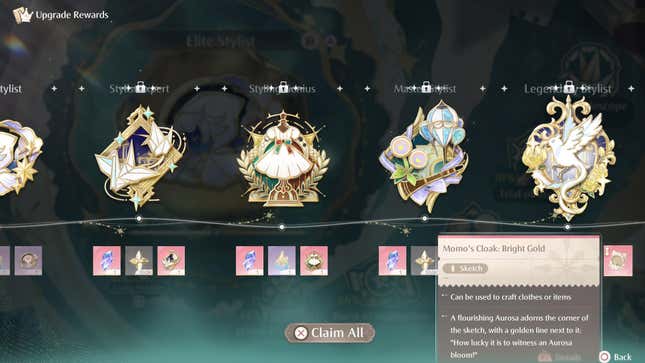 The Stylist Rank Rewards screen, with the Momo’s Cloak: Bright Gold reward highlighted.