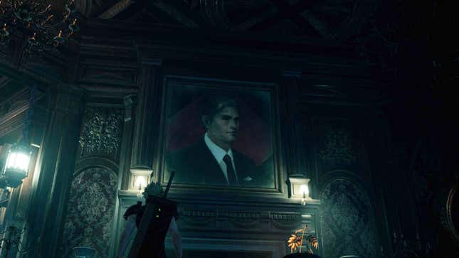 A portrait of a young president Shinra hangs above a mantlepiece.