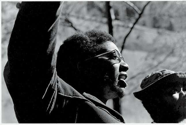 American political &amp; social activist and Black Panther Party member Fred Hampton (1948 - 1969) raises his arms at the ‘Days of Rage’ rally, Chicago, Illinois, October 11, 1969.