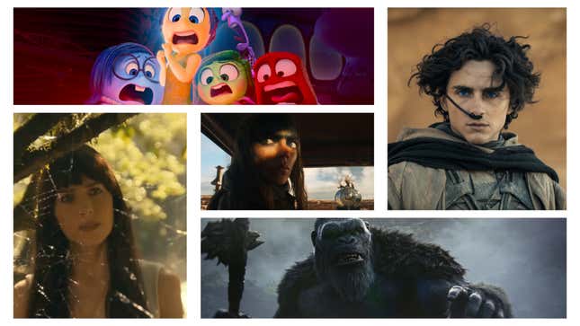 Im Uhrzeigersinn von unten links: Madame Web (Sony Pictures), Inside Out 2 (Disney/Pixar), Dune: Teil 2 (Warner Bros.), Godzilla X Kong (Warner Bros.) und Furiosa (Warner Bros.)