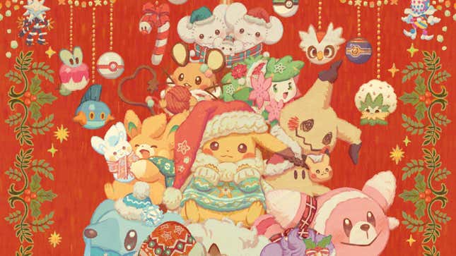 Pikachu and other Pokémon are dressed in festive costumes.