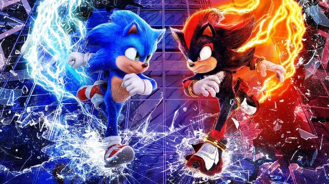 Sonic and Shadow race down the side of a building.