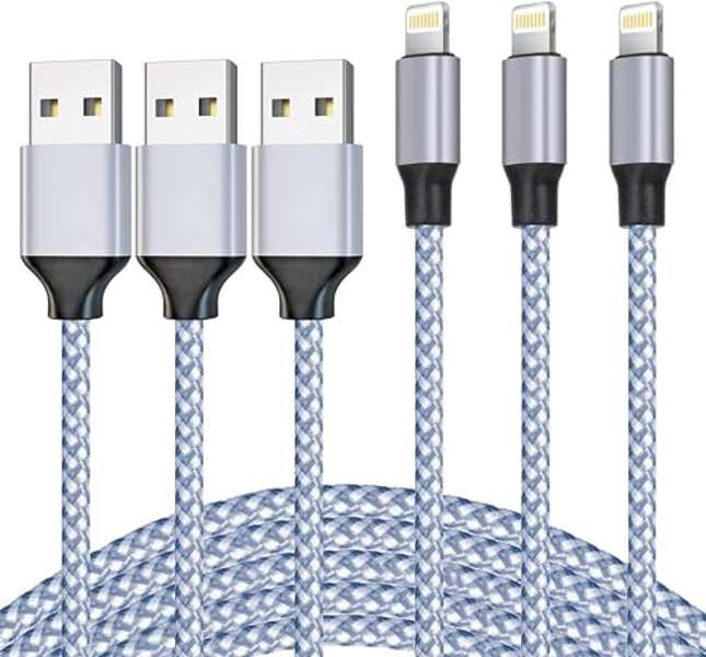 Image for article titled DAZHWA iPhone Charger 3pack 6ft [MFi Certified] Best New Nylon Braided USB-A to Lightning Cable Cell Phone Fast Charger Cord Compatible with iPhone14/13/12/11Pro Max/XS/XR/X/8/7/iPad More, Now 20% Off