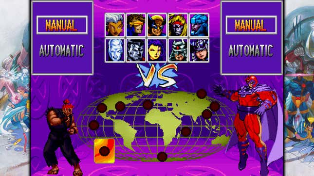 Akuma and Magneto on the X-Men: Children of the Atom VS screen.