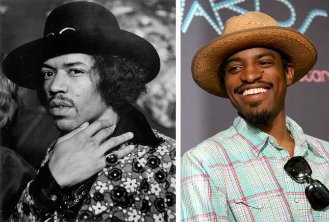 Jimi Hendrix (L) and Hip-hop star Andre 3000 (R). Andre 3000 ***LEFT IMAGE*** circa1970: Jimi Hendrix poses in 1970. (Photo by Michael Ochs Archives/Getty Images) ***RIGHT IMAGE*** LOS ANGELES, CA - JUNE 27: Singer Andre “Andre 3000&quot; Benjamin of Outkast poses in the press room at the 2006 BET Awards at the Shrine Auditorium on June 27, 2006 in Los Angeles, California. (Frederick M. Brown)