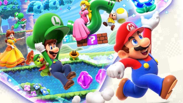 Mario, Luigi, Peach, Daisy, and Toads move through a Wonder Flower'd level.