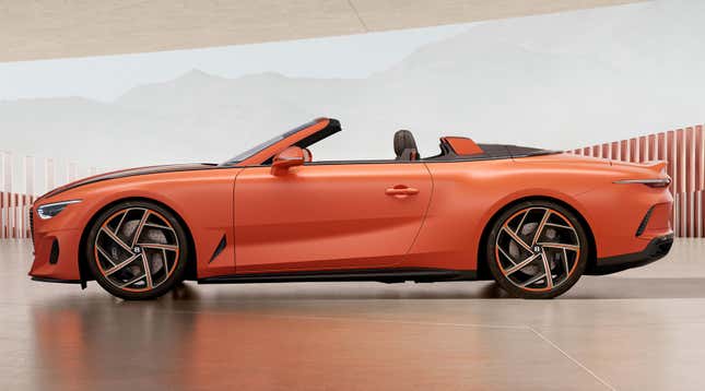 Side view of an orange Bentley Batur Convertible