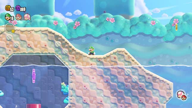 Luigi stands facing a hidden 10-point purple coin in a hidden area.