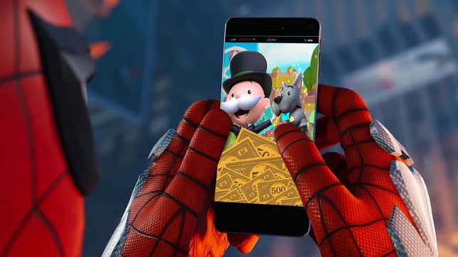 An image shows Spider-Man checking his phone that has Monopoly GO on it. 