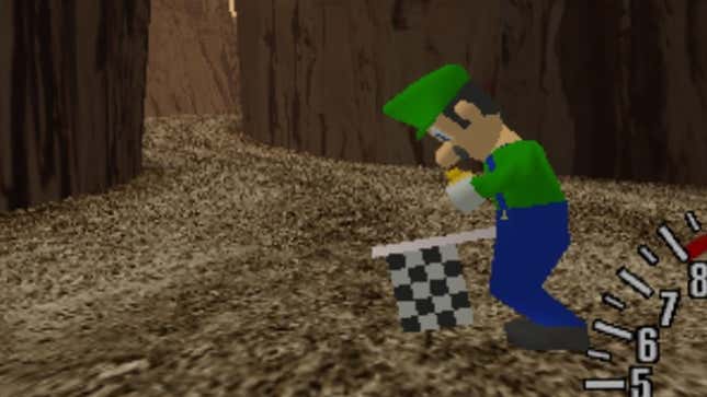A low poly Luigi holding a checkered flag in Sega GT. 