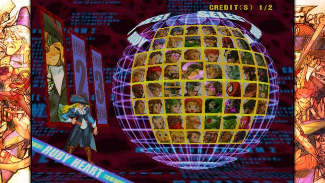 Ruby Heart di layar Marvel vs Capcom 2, dengan pesan kredit di sudut kanan atas.