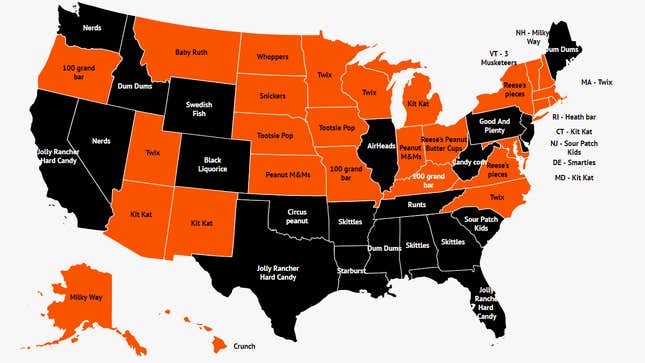 Map of Favorite Halloween Candy by State, 2021