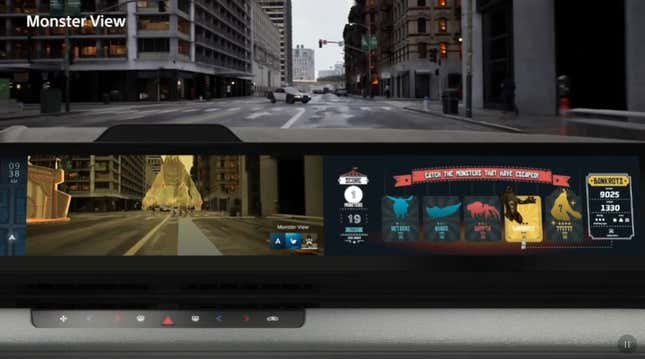The AFEELA’s “Monster View,” where an AR monster is projected onto the road in front of you.
