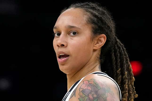 FILE - Phoenix Mercury center Brittney Griner during the first half of Game 2 of basketball’s WNBA Finals against the Chicago Sky, Oct. 13, 2021, in Phoenix. Russia has freed WNBA star Brittney Griner on Thursday in a dramatic high-level prisoner exchange, with the U.S. releasing notorious Russian arms dealer Viktor Bout.