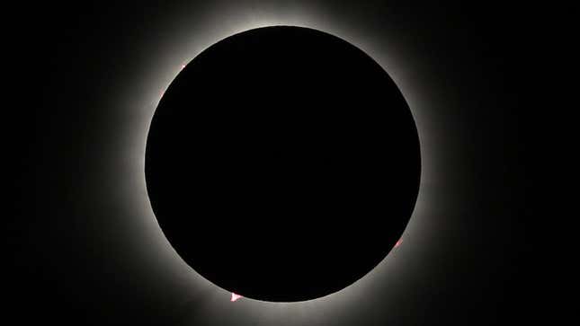 The April 8 total solar eclipse, showing a pronounced prominence at bottom. To observers on the ground, the prominences appeared as red dots along the perimeter of the eclipse. 