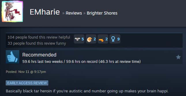 A screenshot shows a Steam user review of Brighter Shores.