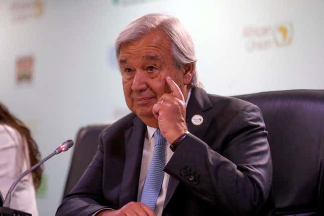 Secretary-General of the United Nations Antonio Guterres, speaks during the Africa Climate Summit at the Kenyatta International Conference Center in Nairobi, Kenya Tuesday, Sept. 5, 2023. Guterres told the summit it’s time to “break our addiction to fossil fuels.” (AP Photo/Brian Inganga)