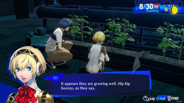 Aigis and Makoto tend to the plants. Aigis says "it appears they are growing well. Hip hip horray, as they say."