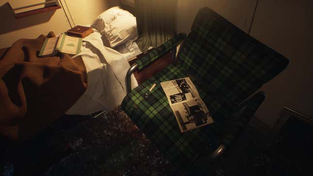 The player looks down at a chair with a spoon laying on it.