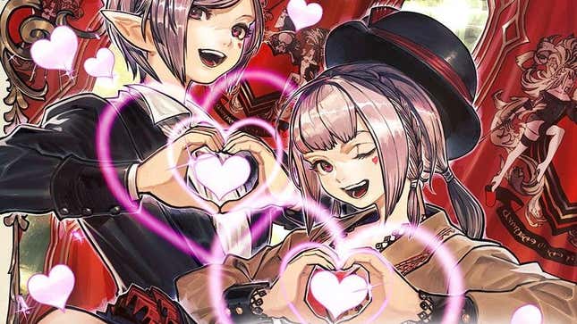 Two Final Fantasy XIV characters making love heart signs in official illustration