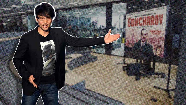 Hideo Kojima points toward his office's movie theater space.