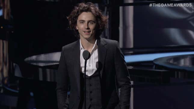Timothée Chalamet wears a vest, white button-down, and suit jacket at The Game Awards 2023.