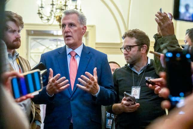 House Speaker Kevin McCarthy of Calif., speaks to reporters on Capitol Hill, Friday, Sept. 22, 2023, in Washington. (AP Photo/Mark Schiefelbein)