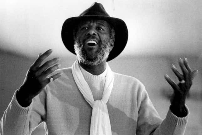 Wally Amos speaks at Adams County Middle School, Denver, Colorado, January 22, 1984. Amos was the founder of the Famous Amos cookie company.