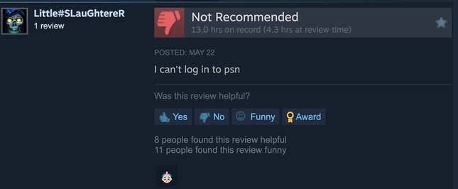 A Steam review that reads "I can't log in to psn"