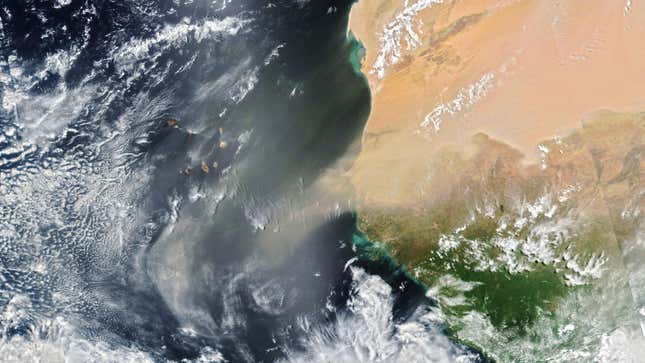 The sky-borne dust heading west off the African coast.