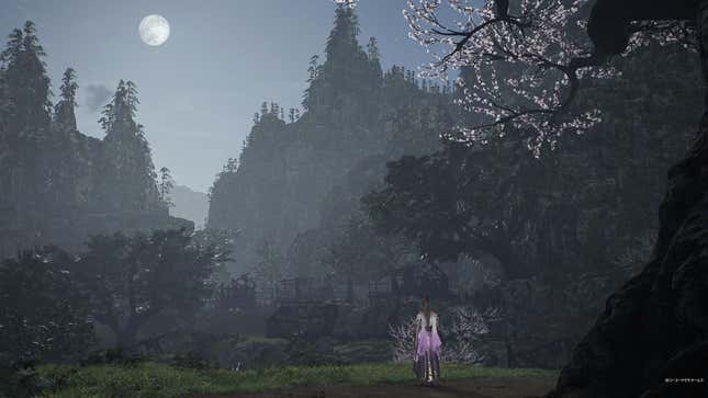 A screenshot from Dynasty Warriors: Origins. The character Diaochan is looking up towards the moon.